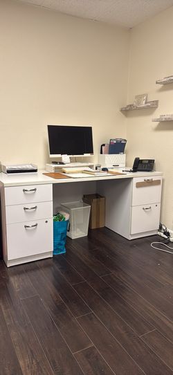 White Office Desk 2 Side Cabinet