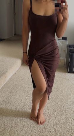 Brown stretchy high slit dress size S
