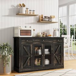 55" Coffee Bar with 4 Glass Doors and 3 Drawers, Sideboard Buffet Cabinet with Storage, Farmhouse Coffee Bar Cabinet with Adjustable Shelve