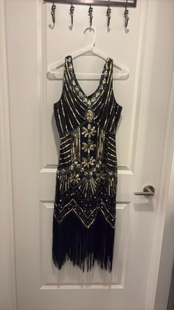 Black Gold Sequin Fringe Flapper Dress