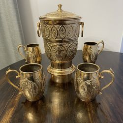 Antique Nader Brass Ice Bucket & 4 Mug Cup’s  