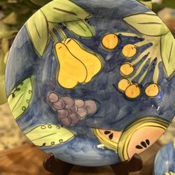 Vintage BELLA CASA BY GANZ CERAMIC PEACH Grape Melon FRUIT DESIGN  PLATE 9" Set Of 4