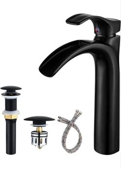 (Brand New in Box)  Matte Black Bathroom Vessel Sink Faucet Waterfall Tall Single Hole with Metal Anti-Clogging Hair Catcher Pop Up Drain Lavatory Van