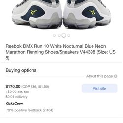 Reebok Dmx Run 10  White  Nocturnal Blue Neon Marathon Running Shoe Size 9.5 