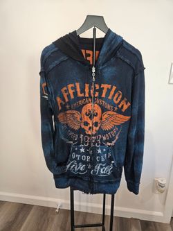 Affliction Reversible Zip-Up Hoodie Men's Medium Double Sided Skull Graphic Black/Blue