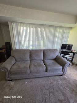 Gray Fabric 3-Seat Sofa with Nailhead Trim