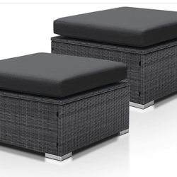 Modern Luxury All-Weather Outdoor Wicker Ottoman Set of 2, 500 Lbs Alloy Steel Frame Footrest, Comfortable Wide Deep Seat 2-Piece Rattan Foot Stool wi