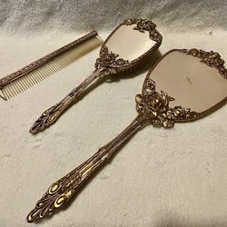 Antique 1950s Hollywood Ornate Rose Gold Tone Vanity Set