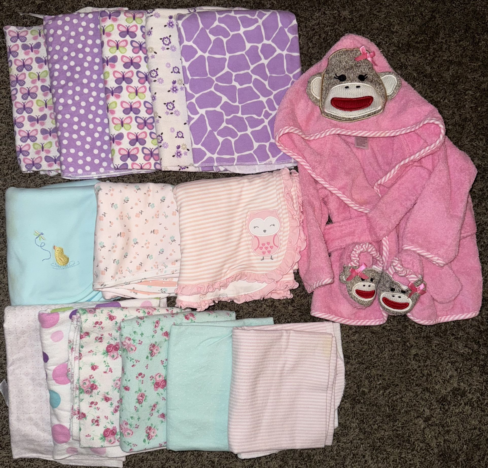 Baby girl blankets and bibs lot