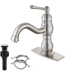 gotonovo Bathroom Faucet 1 Hole Vintage,Brushed Nickel,7.1” Spout Reach Bathroom Sink Faucet for 1 or 3 Hole Single Handle,Deck Plate,360° Swivel Spou