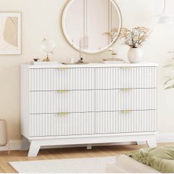 Fluted Dresser for Bedroom with 6 Drawers, 48" Wide Modern Chest of Drawers with Metal Handle, Wooden Dresser TV Stand, Wood Closet Clothe
