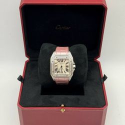 Cartier Santos 100 XL 38mm Stainless Steel Case Bussdown iced out 4ct alligator pink leather band 2656