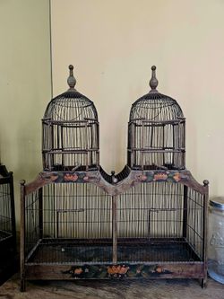 Vintage Hand-Painted Double Tower Wooden Birdcage