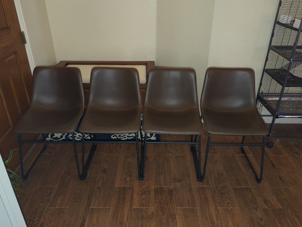 Cobbler Brown Faux Leather Bucket Seat With Baseball Stitch Dining Side Chair Set Of 4