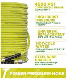 150ft and 3/8 inch pressure washing hose for cold and hot water 212 °F, with quick swivel connection