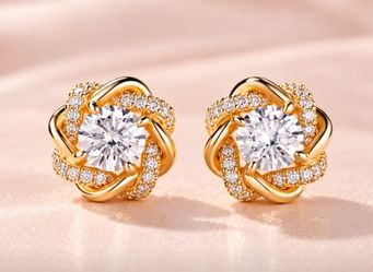 Dazzling Radiance Cubic Zirconia Flower Stud Earrings – Elegant Gold-Tone Crystal Swirl Earrings for Women