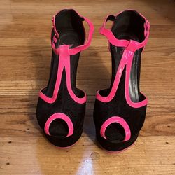 Black And Neon Pink Wedge Heels