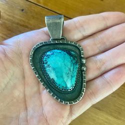 Vintage  Large Sterling Silver and Turquoise Pendant