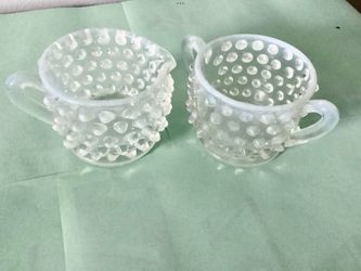 2 Mini Hobnail Creamer & Sugar Bowl Milk Glass Rims 2” Tall 1950s