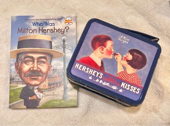Vintage Hershey's Kisses Metal Tin Lunch Box & "Who Was Milton Hershey?" Kids Book Set