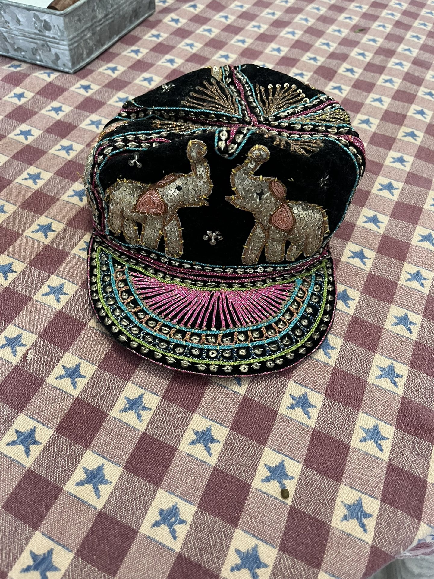 Velvet, beaded, sequin, Indian, elephant, baseball cap, in black, with bronze, pink, puple, orange and turquoise