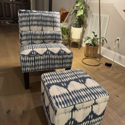 Skyline Ikat Tonal Blue Chair And Storage Ottoman