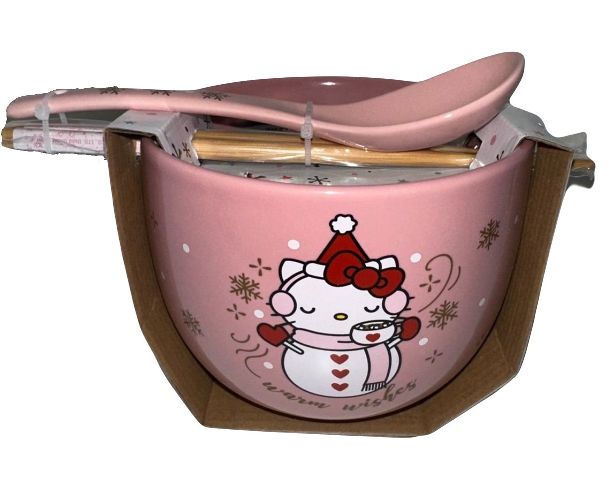 HELLO KITTY CHRISTMAS BOWL WITH SPOON AND CHOPSTICKS