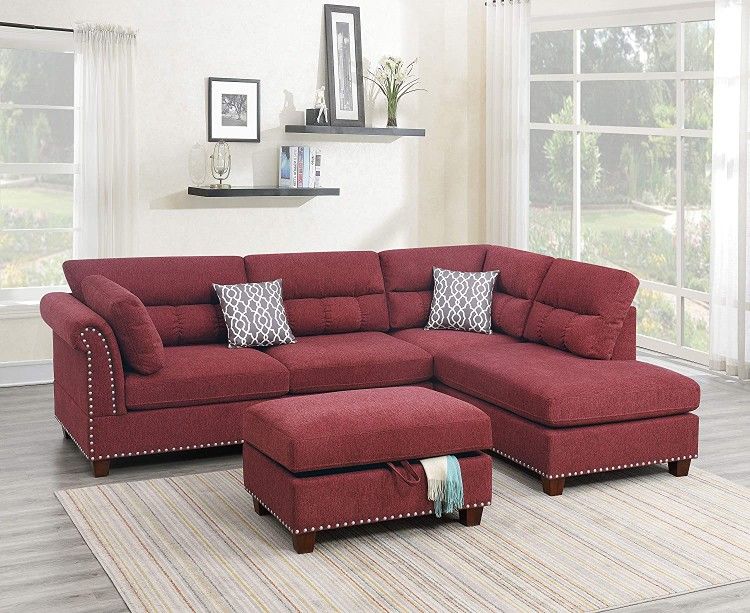 Brand New Red Velvet Like Sectional Sofa Couch +Storage Ottoman (New In Box) 