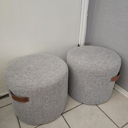 New Set Of 2 Honeybloom Rica Textured Poufs  With Faux Leather Handles, Grey 