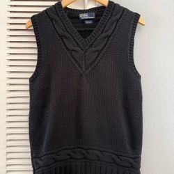 Vintage POLO Ralph Lauren Hand Knit Cable Knit Black V-neck Vest Sweater Size Small Womens
