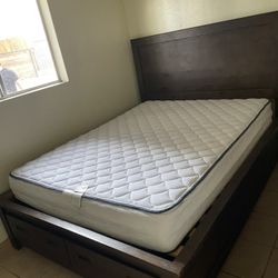 Brown Queen Sized Bed Frame And Mattress