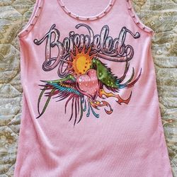 Womens Pink Bejeweled Tank Top, Studded Tank, Large 