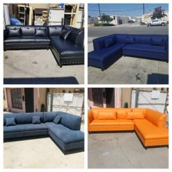  Brand NEW 9x7ft  Ane 7X9FT  Sectional CHAISE.  BLACK LEATHER/ORANGE LEATHER/ DOMINO NAVY,  ANNAPOLIS STEEL BLUE FABRIC 