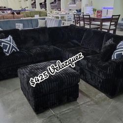 ✅️✅️ 4pc Black corduroy fabric upholstered sectional sofa with ottoman ✅️✅️