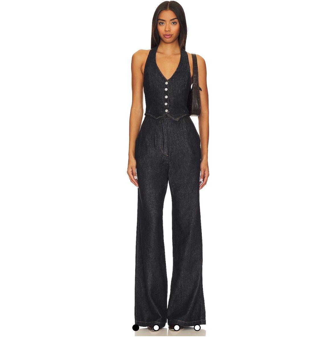 Amanda Uprichard Isadore Denim indigo halter top wide leg flare Jumpsuit S