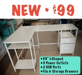 NEW Reversible White L-Shaped Desk w/Power & USB Outlets, Filing Drawer & Storage Drawer