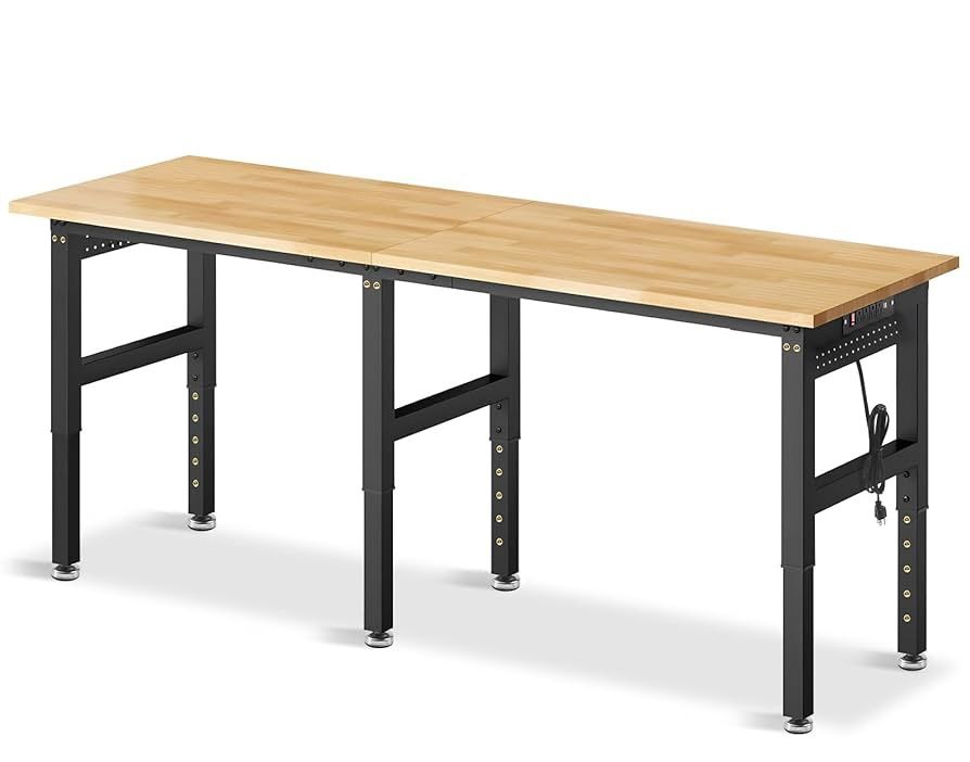 84” Adjustable Height Workbench, 5000 LBS Heavy Duty Table Rubber Wood Workstation with Power Outlet & Pegboard for Garage, Office, Workshop, Home,Com