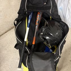 Baseball Bag, Bats, Helmet 