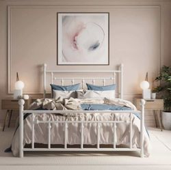 Queen Bed Frame, Metal Platform Bed Frame with Vintage Headboard, White