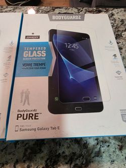 Lot of 10 new BodyGuardz tempered glass screen protectors for Samsung Galaxy Tab E. Clear finish. Each package includes the tempered glass protector, 