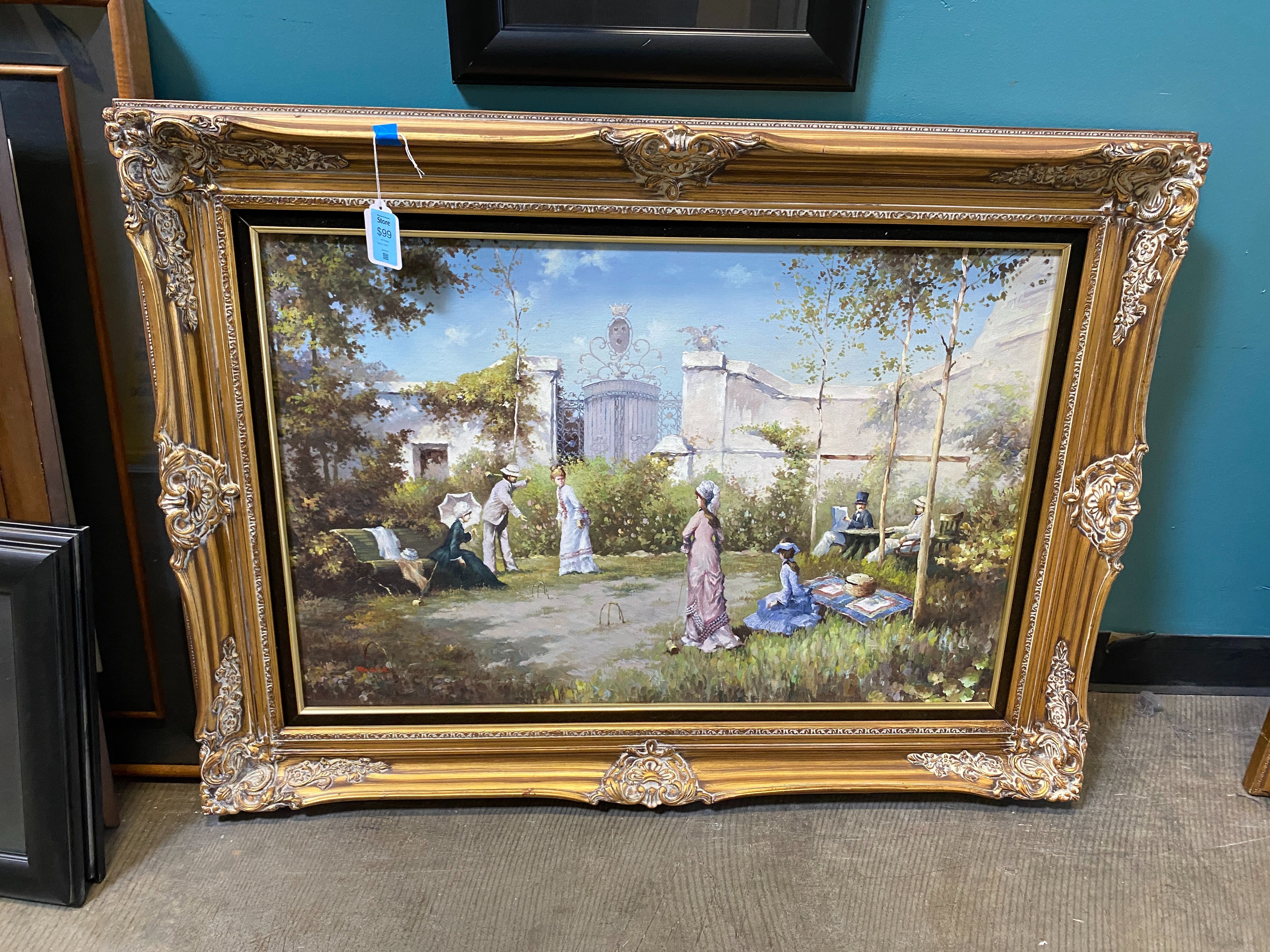 Opulently Framed Original Painting Of Croquet Players