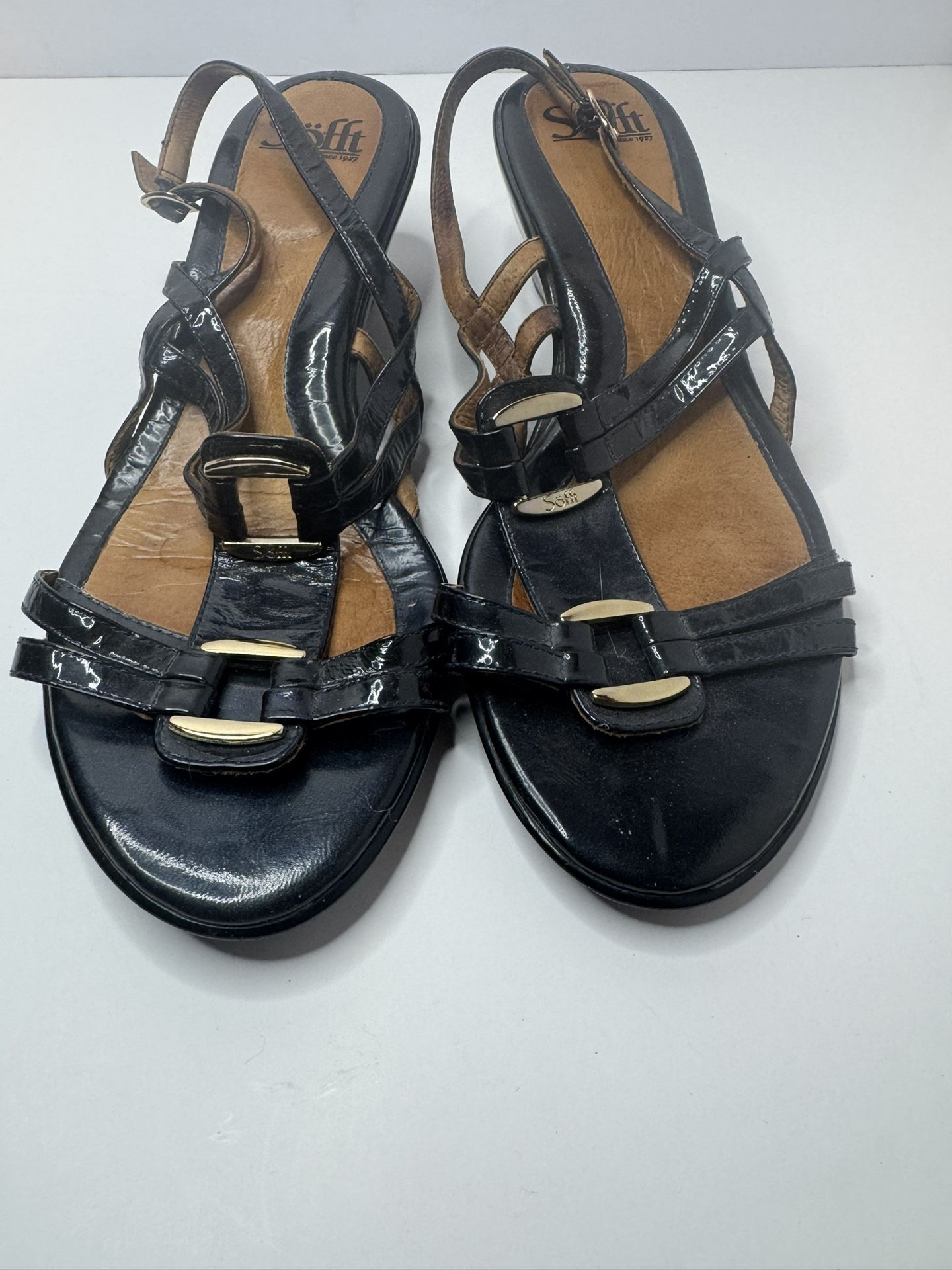 Sofft Black Leather Strappy Wedge Sandals Size 10M