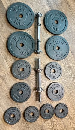 Standard Set of Adjustable Cast Iron Dumbbells, (4) 10s, (4) 5s , (4) 2.5s and NEW Dumbbell Bars. 40 pound on each hand.