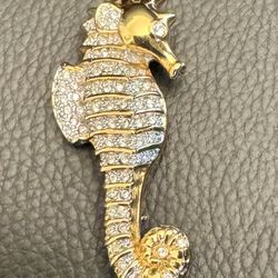 Vtg. SWAROVSKI Gold Clear Crystals Seahorse Gold Filled/Plated Brooch in Orig. Box