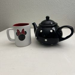 New Disney Minnie Mouse Ceramic Coffee Tea Cup Mug WITH Polka Dot Tea Pot