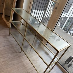Glass tv console/side table with gold trim