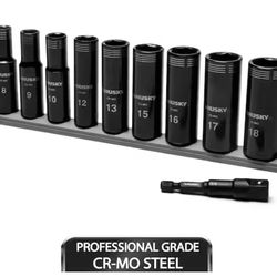 Husky 3/8 in. Drive Thin Wall Metric Deep Metric 6-Point Impact Socket Set (10-Piece) @Tools-296