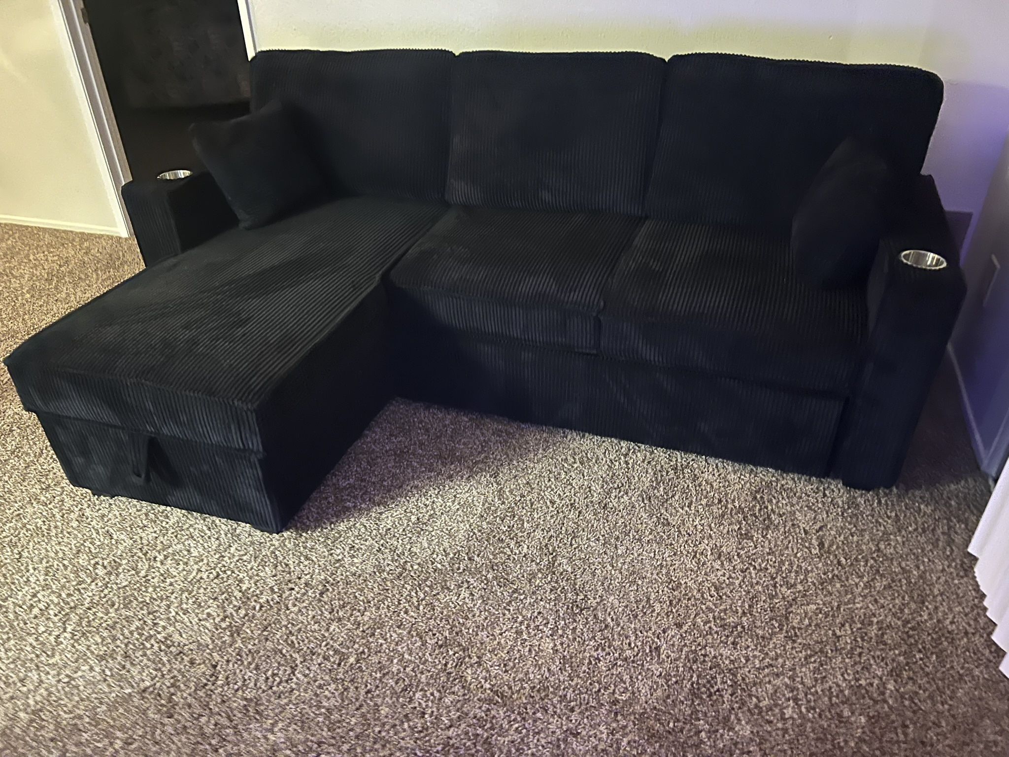 New Reversible Corduroy Convertible Sofa With Chaise Storage. 89x34x36H. Black Or Brown. Free Delivery!