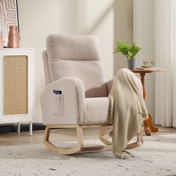 [Free shipping] Modern rocking chair, solid wood leg design, living room leisure armchair with high backrest (Beige, teddy)