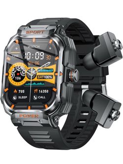 Military Smart Watch with Earbuds for Men and Women,2'' Tactical Display,Sport Modes,Fitness Tracker,Heart Rate,Answer/Make Call, Sleep Monitor, Smart